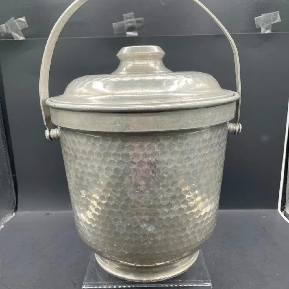 Hammered Aluminum Ice Bucket with Lid Made in Italy Vintage Barware